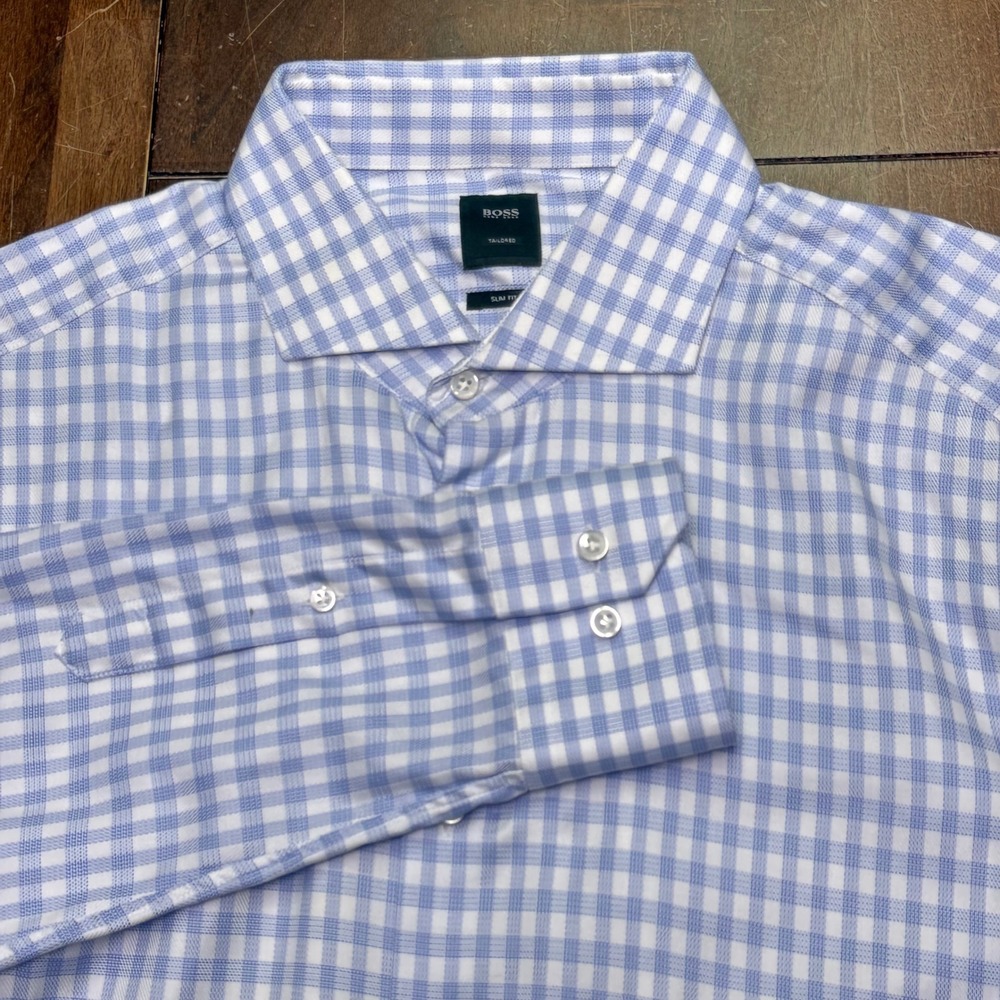 Hugo Boss L Button Down Shirt Mens 17.5 Blue Gingham Slim Fit Albini T-Christo